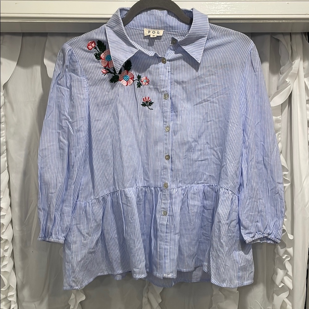 POL Blue Striped Blouse with Floral Embroidery nwot